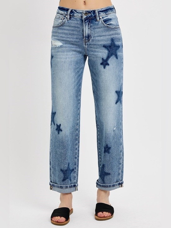 Risen Jeans Denim - PGA21091X MEDIUM PLUS Risen Mid Rise Boyfriend Star Shadow Detail Cuffed Jeans